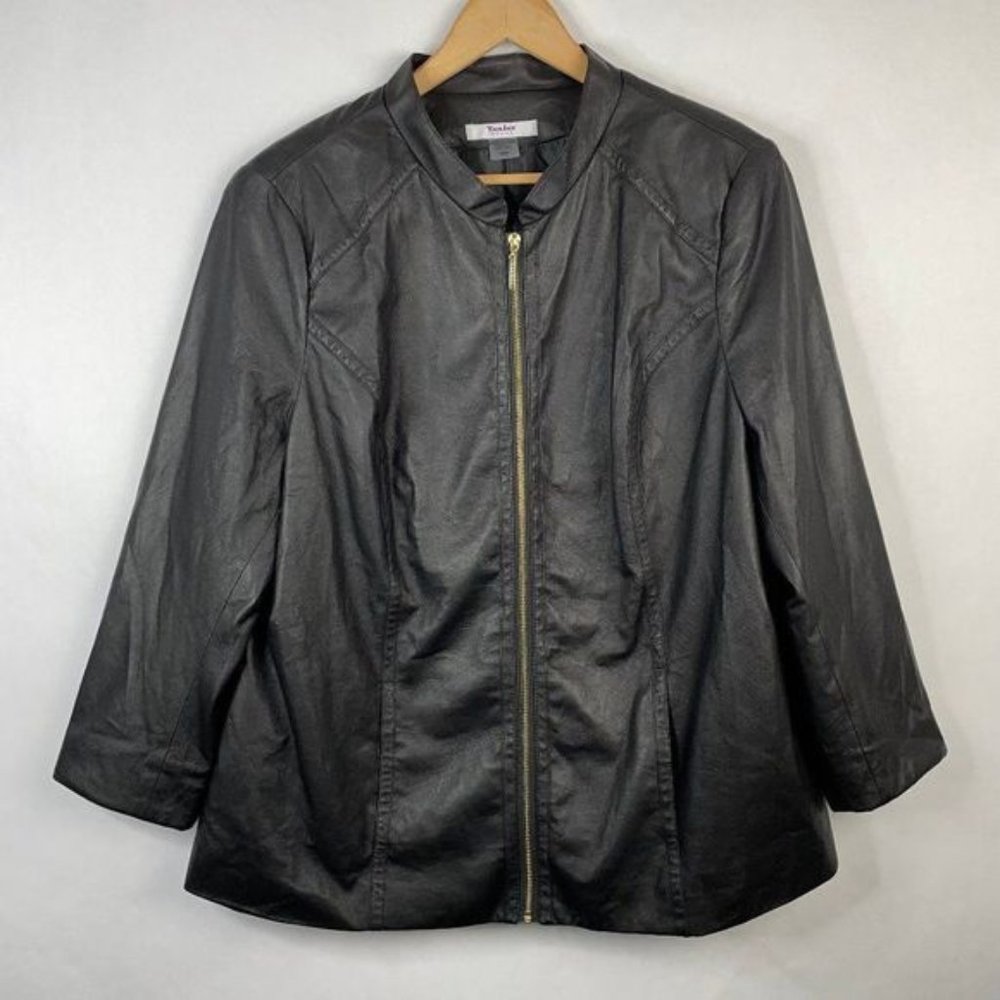 TanJay ?Full Zip Faux?Leather Jacket  Black  Perforated Seams Lightweight